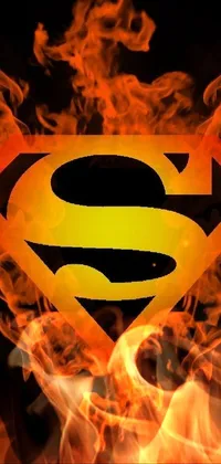 This live wallpaper features the iconic Superman logo on a black background, enveloped by fiery flames