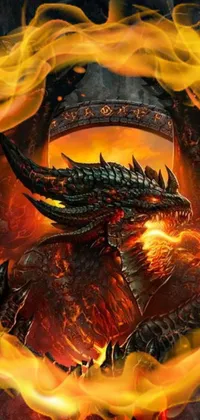 This phone live wallpaper features a striking image of a dragon with flames bursting out of its mouth, based on the popular video game World of Warcraft