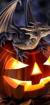 This captivating live wallpaper showcases a stunning digital art of a dragon seated on top of a carved pumpkin