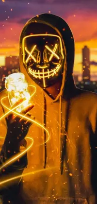 This phone live wallpaper showcases a stunning digital art image of a person wearing a neon mask, holding a cell phone