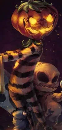 This cartoon character holds a knife and a pumpkin in this cute Halloween live wallpaper
