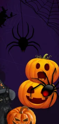 This autumnal phone live wallpaper features vector art of two pumpkins and a black cat sitting atop an artificial spider web