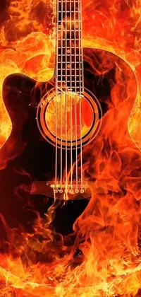 This phone live wallpaper features a close-up of a blazing guitar in fiery orange and red hues, perfect for music lovers who appreciate bold, striking visuals