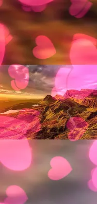 This live wallpaper displays two pink hearts on a hill against a George Aleef landscape