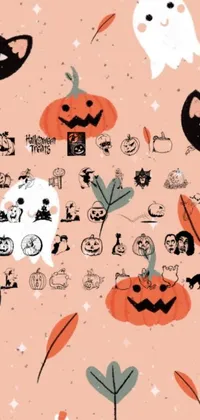 This phone live wallpaper showcases a delightful pattern of friendly cats and spooky pumpkins set on a pastel pink background
