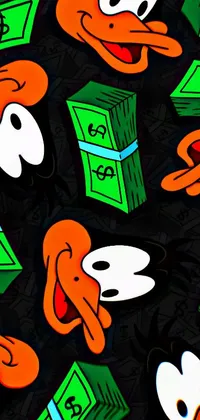 This live phone wallpaper showcases a group of charming cartoon characters, on a pile of cash, against a deep black background