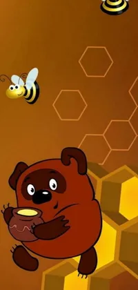 This phone live wallpaper features a playful bear and a bee in vector art style