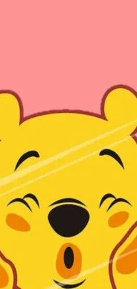 This winnie the pooh live wallpaper features a cute cartoon Pooh holding his hands up to his face with big expressive eyes and a smile, set against a colorful background of green grass, blue sky, and flowers