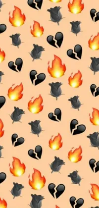 This live wallpaper design features a repeating pattern of fiery broken hearts against a vivid rose-colored background