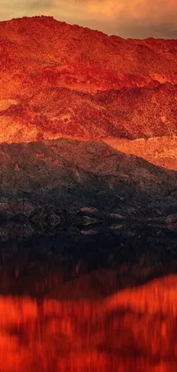 This phone live wallpaper features a majestic tree and towering mountain, set against a backdrop of a red lake on fire, with reflections and textures