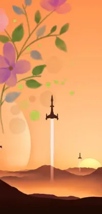 This live phone wallpaper features two jets flying through a sunset sky surrounded by stylized flowers in shades of orange and purple
