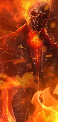 This phone live wallpaper showcases a digitally created figure in a fire suit with a body crafted from flames