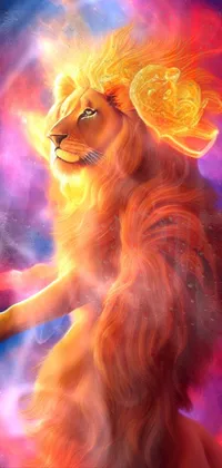 This phone live wallpaper depicts a stunning digital painting of a powerful lion standing on its hind legs, surrounded by swirling fire flames and cosmic elements
