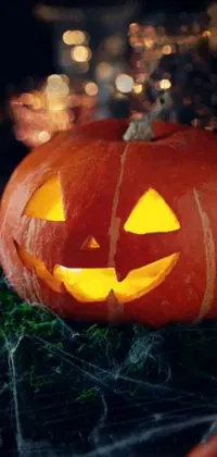 This live wallpaper features a 3D pumpkin with glowing eyes and face, sitting on grass