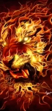 This live wallpaper artwork showcases a digital painting of a magnificent lion with fiery red flames on its face