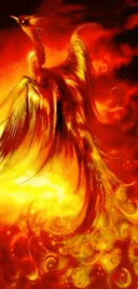 This digitally rendered live wallpaper features an awe-inspiring painting of a bird engulfed in flames by a skilled artist, with a fantasy element of an angelic spirit guide, evoking the mythical image of the phoenix rising from the ashes