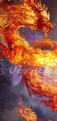 This phone live wallpaper showcases an awe-inspiring fire dragon with a vibrant digital art design