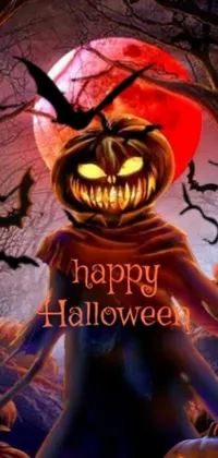 Get in the Halloween spirit with this spooky live wallpaper featuring a vibrant red and black costume! The digital art by Elaine Hamilton boasts a carved pumpkin with a candle inside, casting an eerie glow, while a full moon illuminates the background