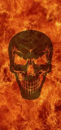 This phone live wallpaper features a close-up view of a fiery skull, rendered digitally for a dramatic effect