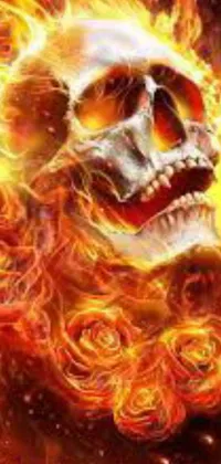This phone live wallpaper boasts a captivating digital painting of a skull engulfed by flames, creating an intense and fiery atmosphere