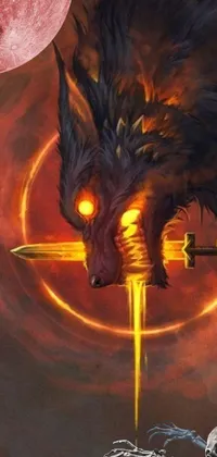 This live wallpaper features a stunning painting of a wolf in front of a full moon, holding a sword with glowing yellow eyes, an intricate sigil, and detailed jewelry