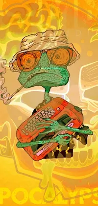 This phone live wallpaper features a digital art drawing of a lizard smoking a cigarette in a cyberpunk universe