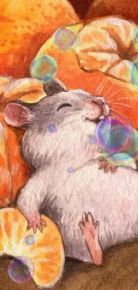 Experience the whimsical charm of this watercolor live wallpaper depicting a mouse and oranges
