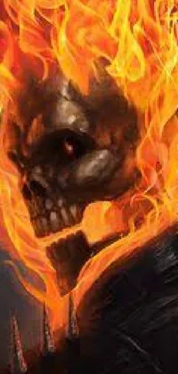 This phone live wallpaper features a striking painting of a skeleton with flames coming out of its head