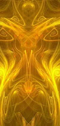 This phone live wallpaper features a highly-detailed digital painting of a woman's face, accompanied by tall golden heavenly gates and a mesmerizing fractal flame design