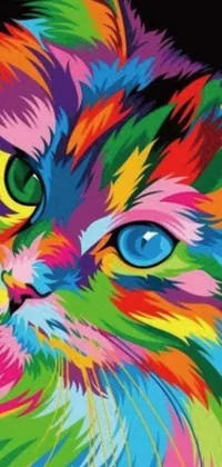 This beautiful phone live wallpaper showcases a colorful cat on a black background with intricate details