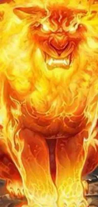 This phone live wallpaper features a striking image of a fierce lion emitting flames from its jaws, set against a vivid and scorching background evoking sweltering heat