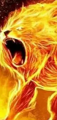 This live wallpaper features a roaring lion on fire with flames covering its whole body