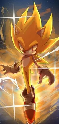 Enjoy a mesmerizing live wallpaper featuring a popular Sonic the Hedgehog character racing through the galaxies, with blazing golden wings of fire that light up the background