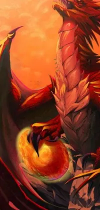 This mobile live wallpaper features a stunning digital art painting of a fiery dragon in flight