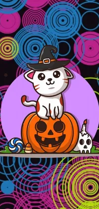 This live wallpaper features a cartoon cat perched on a pumpkin with a candy-colored background