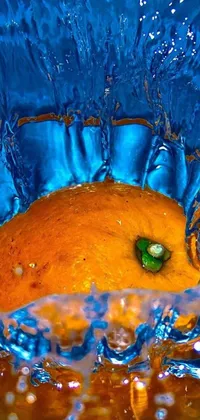 This stunning live wallpaper features a close-up of a vibrant orange fruit floating in a bowl of water, shot with an iPhone 10