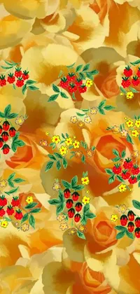 This lively digital wallpaper features a vibrant bouquet of flowers in varied colors, set against a collaged background
