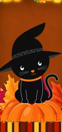 This phone live wallpaper showcases a charming digital art design of a black cat adorned with a festive hat, sitting atop a pile of pumpkins