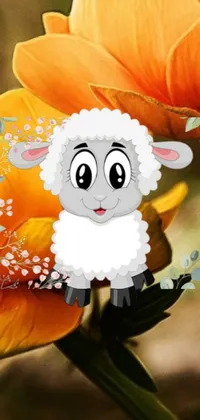 Get ready for Fall with this adorable phone live wallpaper! The cartoon digital art features a cute and fluffy sheep grazing on a colorful flower in a scenic autumn field