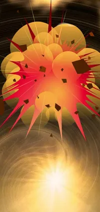 This mobile live wallpaper showcases a striking explosion of red and yellow against a black background
