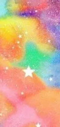 This vibrant and colorful live wallpaper features a breathtaking painting of a galaxy, complete with twinkling stars and a soft rainbow spanning across the scenery