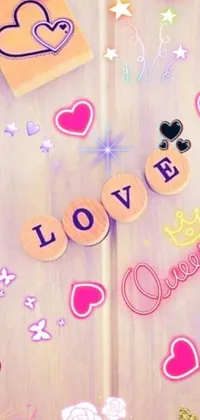 This phone live wallpaper features wooden letters spelling out a romantic message, accompanied by a beautiful queen, hearts, and a colorful oversaturated background