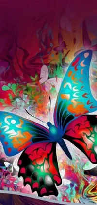 This live wallpaper features a colorful butterfly perched upon a bed of flowers in a vibrant display of digital art