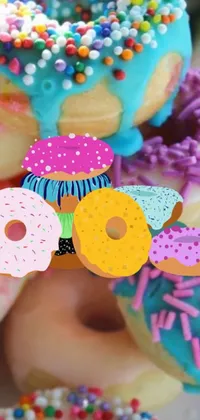 Indulge in a fun and sweet phone live wallpaper featuring a pile of frosted donuts with sprinkles