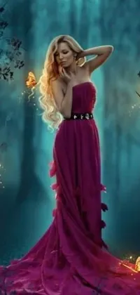 Enjoy a captivating live wallpaper featuring a mysterious woman standing in a mystical forest