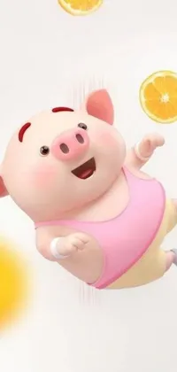 This phone live wallpaper features a digital rendering of a cute pig in mid-air, surrounded by vibrant clouds
