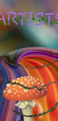 This stunning live wallpaper features a colorful mushroom in extreme close-up against a vibrant background resembling an airbrush painting
