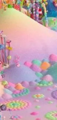 This live phone wallpaper features a whimsical scene atop a candy-covered hill, with pastel-colored, molded hills, and candy clouds