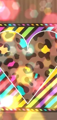 This phone live wallpaper features a leopard print heart on a colorful striped background