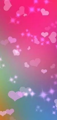 This phone live wallpaper features a smoothly gradient rainbow background with twinkling stars and hearts